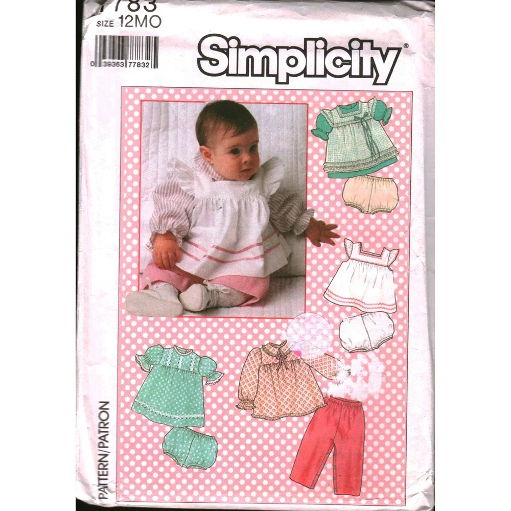 Simplicity 7783 Babies Sewing Pattern Tops Apron Sundress Pants Panties Sz 12MO